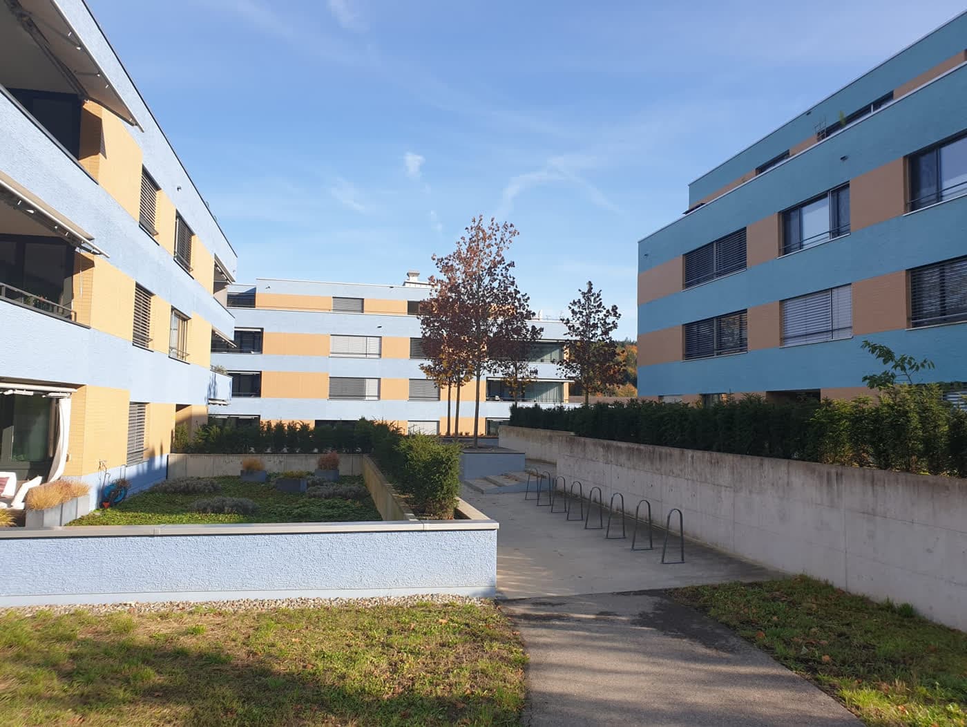 Zwei Mehrfamilienhäuser in Blau und Ocker mit einem begrünten Innenhof und Veloständern dazwischen