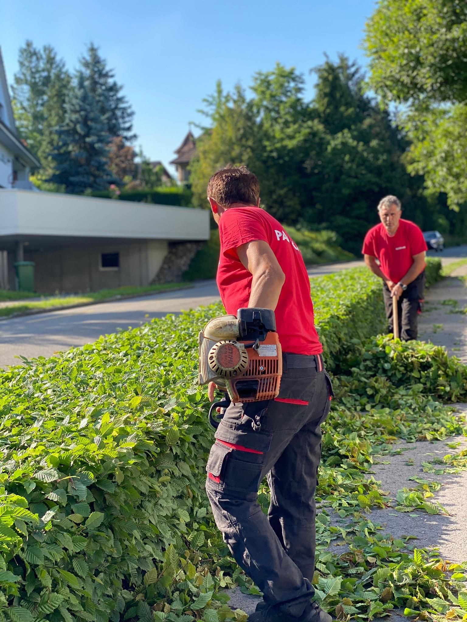 Zwei Mitarbeiter der Paloka AG in roten Firmenshirts schneiden eine Hecke an einer Quartierstrasse